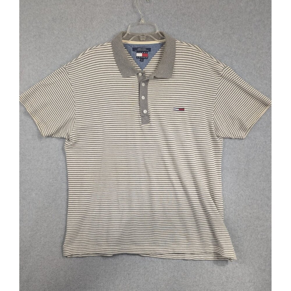 Tommy Jeans Polo Shirt Mens Large Gray White Striped Short Sleeve Classic Cotton